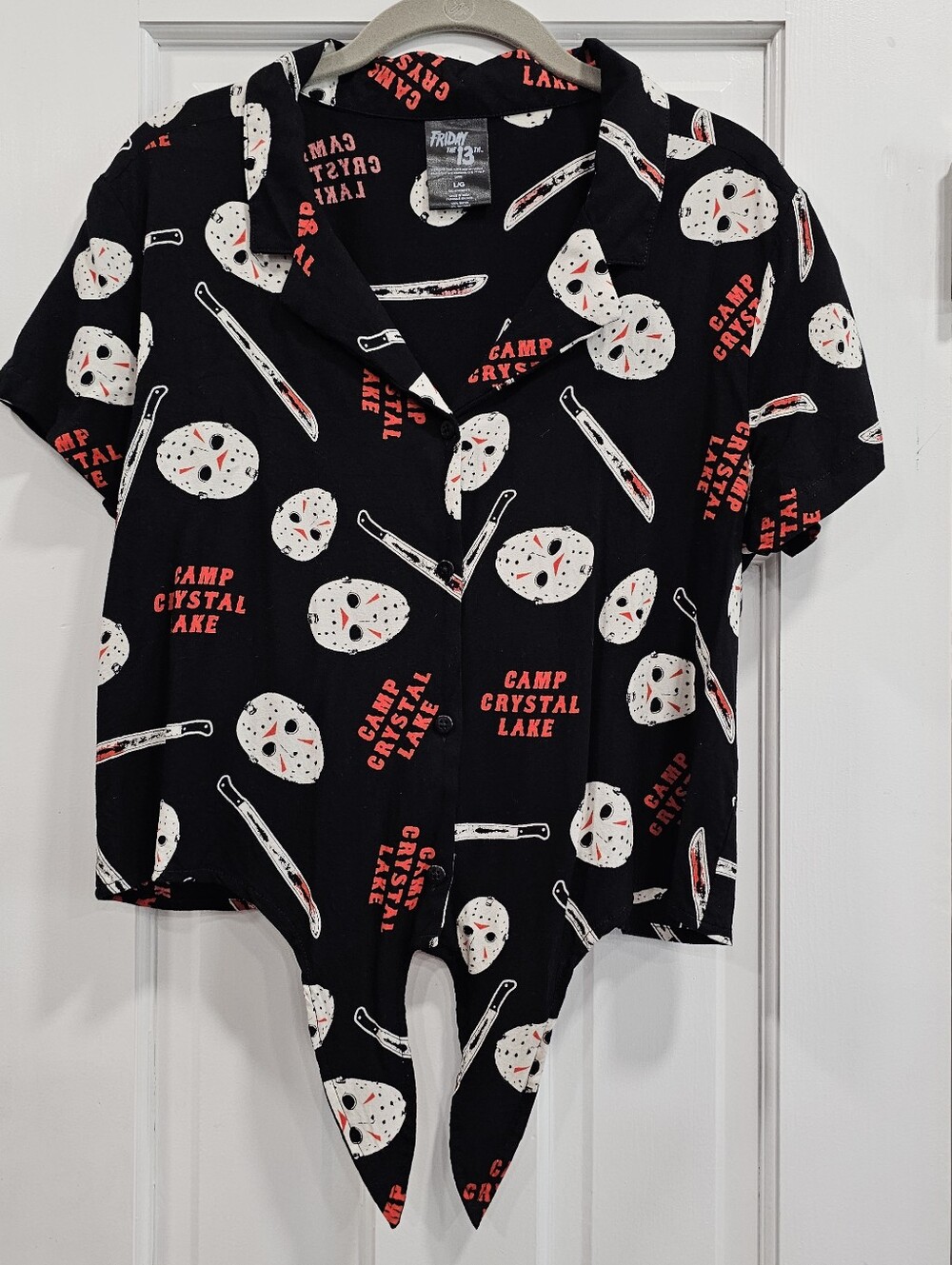 Friday The 13th Jason Voorhees Tie Front Short Sleeve Shirt Women's Large NWOT